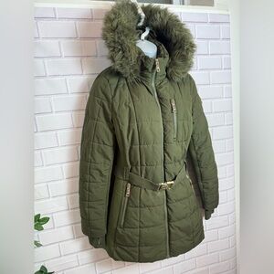 Michael Kors Olive green Puffer Coat with Faux Fur Hood/size S
